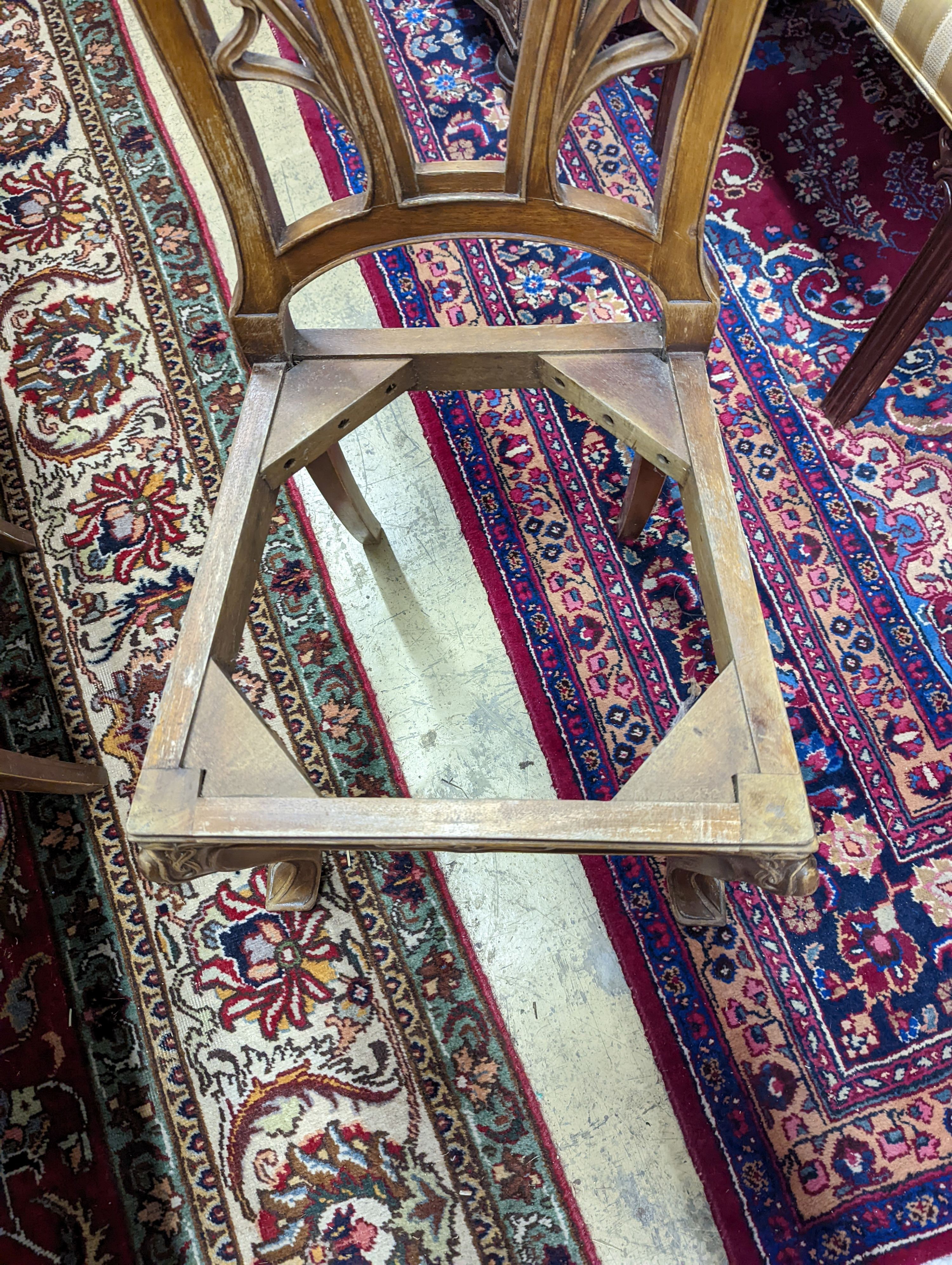A set of six Majorelle style mahogany dining chairs (no seats). H-92cm.